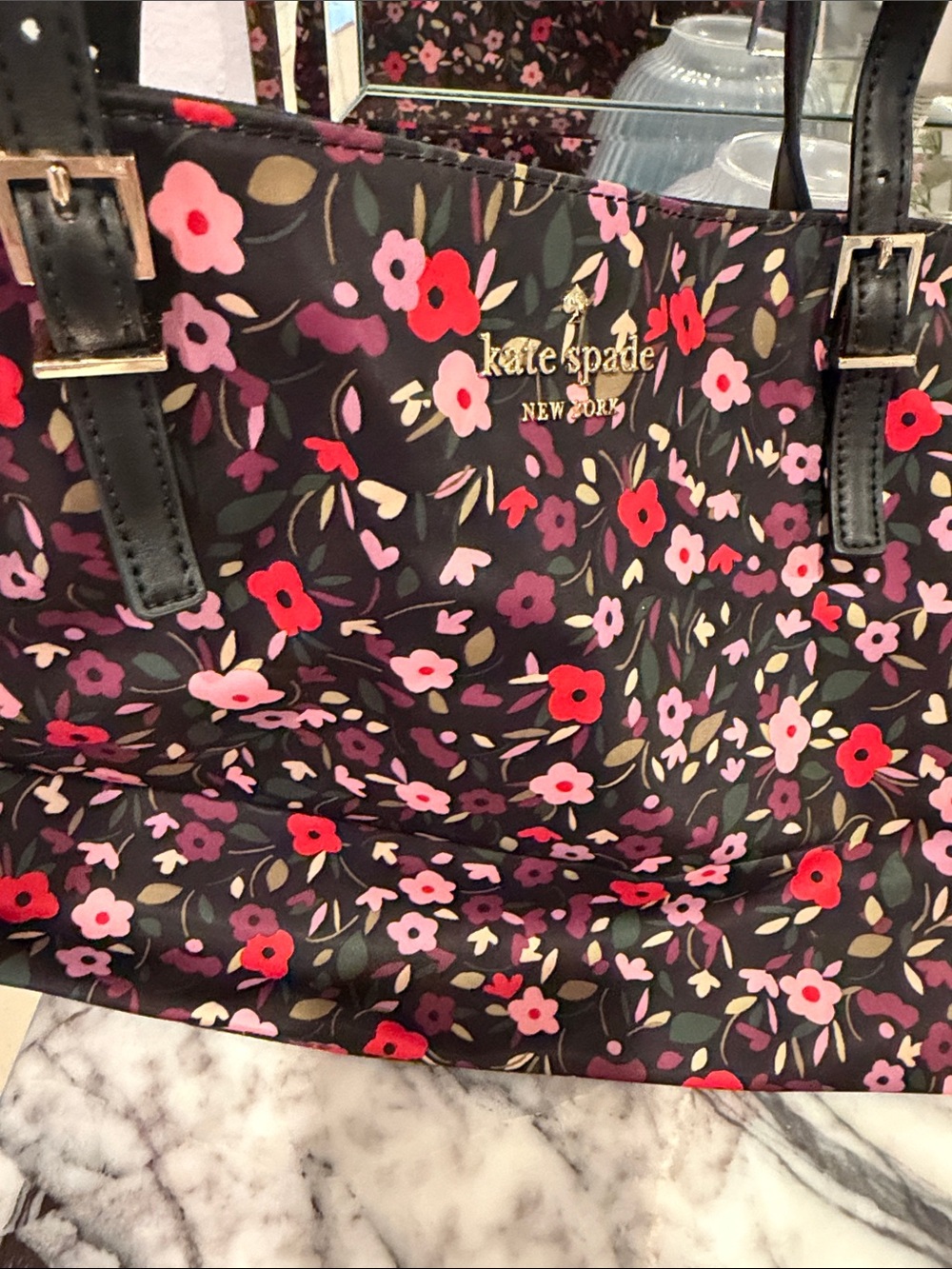kate spade Black Floral Print Tote with Pink and Red Blooms